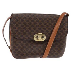 Authentic CELINE Macadam Canvas Shoulder Bag PVC Leather Brown Gold